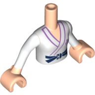 Visuel indicatif Rebrickable de Torse de mini-poupée Fille avec haut karaté blanc avec motif imprimé ceinture noire, manches blanches et mains de nougat clair (Minidoll Torso Girl with White Karate Top with Black Belt Print, White Sleeves and Light Nougat Hands)