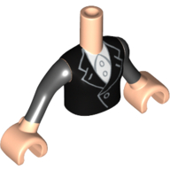 Visuel indicatif Rebrickable de Torse de mini-poupée Fille avec veste d'équitation noire avec motif imprimé Blouse blanche, manches noires et mains de nougat clair (Minidoll Torso Girl with Black Riding Jacket with White Blouse Print, Black Sleeves and Light Nougat Hands)