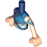 Torse de mini-poupée Fille avec le dessus blindé, bleu, argent, garniture d'aqua clair, icône d'eau, motif imprimé bleu de tatouage, bras et mains nougat clair (Minidoll Torso Girl with Armored Top, Blue, Silver, Light Aqua Trim, Water Icon, Blue Tattoo Print, Light Nougat Arms and Hands)