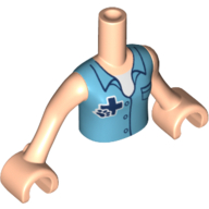 Visuel indicatif Rebrickable de Torse de mini-poupée Fille avec la chemise d'azur moyen, et le modèle imprimé bleu foncé de croix et de logo de patte, bras et mains nougat clair (Minidoll Torso Girl with Medium Azure Shirt, and Dark Blue Cross and Paw Logo Print, Light Nougat Arms and Hands)