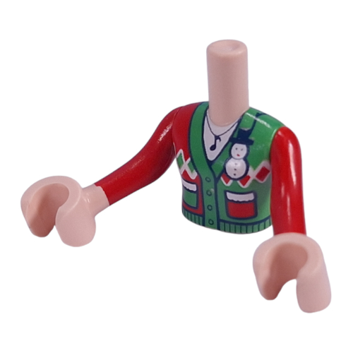 Visuel indicatif Rebrickable de Torse de mini-poupée Fille avec rouge/vert moche Noël pull/veste motif imprimé, bras et mains nougat clair (Minidoll Torso Girl with Red/Green Ugly Christmas Sweater/Jacket Print, Light Nougat Arms and Hands)