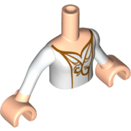 Visuel indicatif Rebrickable de Torse de mini-poupée Fille avec haut blanc, filigrane doré, motif imprimé manches blanches, bras et mains nougat clair (Minidoll Torso Girl with White Top, Gold Filigree, White Sleeves Print, Light Nougat Arms and Hands)