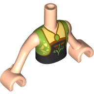 Visuel indicatif Rebrickable de Torse de mini-poupée Fille avec vert citron Gilet sans manches et collier sur le dessus noir et or avec motif imprimé de fleurs, bras et mains nougat clair (Minidoll Torso Girl with Lime Sleeveless Vest and Necklace over Black and Gold Top with Flower Print, Light Nougat Arms and Hands)
