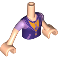 Visuel indicatif Rebrickable de Mini-poupée torse fille avec veste à glissière violet foncé sur le dessus orange, sifflet, motif imprimé manches courtes lavande moyenne, bras nougat clair avec les mains (Minidoll Torso Girl with Dark Purple Zipper Jacket over Orange Top, Whistle, Medium Lavender Short Sleeves Print, Light Nougat Arms with Hands)