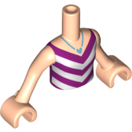 Visuel indicatif Rebrickable de Torse de mini-poupée Fille avec Magenta et blanc V-rayure haut avec moyen azur collier avec cœur pendentif motif imprimé, bras et mains nougat clair (Minidoll Torso Girl with Magenta and White V-Stripe Top with Medium Azure Necklace with Heart Pendant Print, Light Nougat Arms and Hands)