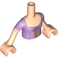 Visuel indicatif Rebrickable de Torse de mini-poupée Fille avec le dessus de lavande avec le laçage d'or et l'arc, motif imprimé manches courtes lavande, bras et mains nougat clair (Minidoll Torso Girl with Lavender Top with Gold Lacing and Bow, Lavender Short Sleeves Print, Light Nougat Arms and Hands)