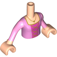 Visuel indicatif Rebrickable de Torse de mini-poupée Fille avec robe rose, rose foncé sous chemise, motif imprimé lacets, bras et mains nougat clair (Minidoll Torso Girl with Pink Dress, Dark Pink Under Shirt, Laces Print, Light Nougat Arms and Hands)