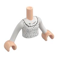 Torse de mini-poupée Fille avec des points bleus argentés/métaux, motif imprimé de collier de fourrure argentée, bras blancs, mains nougat clair (Minidoll Torso Girl with Silver/Metal Blue Dots, Silver Fur Collar Print, White Arms, Light Nougat Hands)