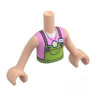 Torse de mini-poupée Fille avec vert citron dans l'ensemble, chemise rose vif, fleur sur collier motif imprimé, bras et mains nougat clair (Minidoll Torso Girl with Lime Overall, Bright Pink Shirt, Flower on Necklace Print, Light Nougat Arms and Hands)