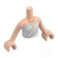 Visuel indicatif Rebrickable de Torse de mini-poupée Fille avec robe blanche, pois argentés, motif imprimé collier, bras et mains nougat clair (Minidoll Torso Girl with White Dress, Silver Dots, Necklace Print, Light Nougat Arms and Hands)