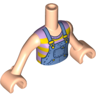 Visuel indicatif Rebrickable de Torse de mini-poupée Fille avec salopette bleu moyen sur motif imprimé débardeur rayé, bras et mains nougat clair (Minidoll Torso Girl with Medium Blue Overalls over Striped Tank Top Print, Light Nougat Arms and Hands)