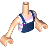Visuel indicatif Rebrickable de Torse de mini-poupée Fille avec salopette bleu foncé avec boucles magenta sur blanc et lavande T-chemise rayé motif imprimé, bras et mains nougat clair (Minidoll Torso Girl with Dark Blue Overalls with Magenta Buckles over White and Lavender Striped T-Shirt Print, Light Nougat Arms and Hands)