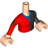 Visuel indicatif Rebrickable de Torse de mini-poupée Fille avec le dessus noir et rouge avec le modèle imprimé de col bleu, bras gauche noir et bras droit rouge avec les mains nougat clair (Minidoll Torso Girl with Black and Red Top with Blue Collar Print, Black Arm Left and Red Arm Right with Light Nougat Hands)
