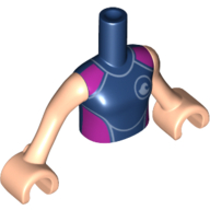 Visuel indicatif Rebrickable de Mini-poupée torse fille avec combinaison bleu foncé avec côtés violet foncé motif imprimé, bras et mains nougat clair (Minidoll Torso Girl with Dark Blue Wetsuit with Dark Purple Sides Print, Light Nougat Arms and Hands)