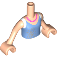 Torse de mini-poupée Fille avec dessus bleu moyen, perles roses foncées, sangles blanches, motif imprimé en filigrane argent (Cendrillon), bras et mains nougat clair (Minidoll Torso Girl with Medium Blue Top, Dark Pink Pearls, White Straps, Silver Filigree Print (Cinderella), Light Nougat Arms and Hands)