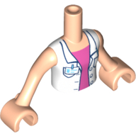 Visuel indicatif Rebrickable de Torse de mini-poupée Fille avec chemisier blanc ouvert avec badge nominatif sur chemise rose vif, bras et mains nougat clair (Minidoll Torso Girl with Open White Blouse with Name Badge over Bright Pink Shirt, Light Nougat Arms and Hands)