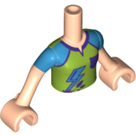 Visuel indicatif Rebrickable de Mini-poupée torse fille avec chemise à la vert citron, épaules azur foncé, avec des lignes violet foncé, poche, motif imprimé éclair, nougat clair bras et mains (Minidoll Torso Girl with Lime Shirt, Dark Azure Shoulders, with Dark Purple Lines, Pocket, Lightning Bolt Print, Light Nougat Arms And Hands)