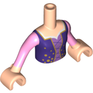 Visuel indicatif Rebrickable de Mini-poupée torse fille avec robe violet foncé, rose sous chemise, lacets noires, motif imprimé de cercles d'or nacré, nougat clair bras et mains (Minidoll Torso Girl with Dark Purple Dress, Pink Under Shirt, Black Laces, Pearl Gold Circles Print, Light Nougat Arms And Hands)