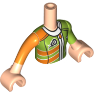 Visuel indicatif Rebrickable de Torse de mini-poupée Fille avec le costume de course de vert citron/orange, motif imprimé de fermeture à glissière, bras et mains nougat clair (Minidoll Torso Girl with Lime/Orange Racing Suit, Zipper Print, Light Nougat Arms And Hands)