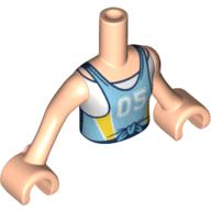 Visuel indicatif Rebrickable de Torse de mini-poupée Fille avec maillot de sport bleu moyen avec 05 blanc, rayures jaunes, motif imprimé blanc sous la chemise, bras et mains de nougat clair (Minidoll Torso Girl with Medium Blue Sport Jersey with White 05, Yellow Stripes, White Under Shirt Print, Light Nougat Arms And Hands)