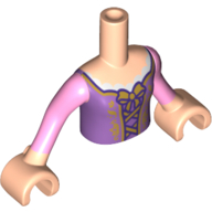Visuel indicatif Rebrickable de Torse de mini-poupée Fille avec robe violette, dentelle dorée avec motif imprimé Bow, bras et mains nougat clair (Minidoll Torso Girl with Purple Dress, Gold Lace with Bow Print, Light Nougat Arms and Hands)