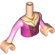 Visuel indicatif Rebrickable de Torse de mini-poupée Fille avec robe rose foncé avec blanc Décolleté Insert, or Garniture, or Collier motif imprimé, bras et mains nougat clair (Minidoll Torso Girl with Dark Pink Dress with White Décolleté Insert, Gold Trim, Gold Necklace Print, Light Nougat Arms and Hands)