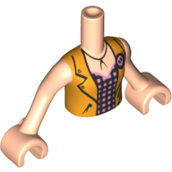 Visuel indicatif Rebrickable de Torse de mini-poupée Fille avec gilet orange, chemise violette avec des points roses, motif imprimé Brioche, bras et mains nougat clair (Minidoll Torso Girl with Orange Vest, Purple Shirt with Pink Dots, Brioche Print, Light Nougat Arms and Hands)