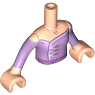 Visuel indicatif Rebrickable de Torse de mini-poupée Fille avec robe de lavande moyenne, boutons de lavande, motif imprimé de garniture blanche, bras et mains de nougat clair (Minidoll Torso Girl with Medium Lavender Dress, Lavender Buttons, White Trim Print, Light Nougat Arms And Hands)