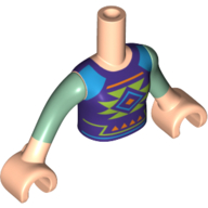 Fille de torse de mini-poupée avec le dessus violet foncé avec le vert citron, orange, et les formes moyennes d'azur a imprimé le motif, bras vert sable et mains nougat clair (Minidoll Torso Girl with Dark Purple Top with Lime, Orange, and Medium Azure Shapes Print, Sand Green Arms and Light Nougat Hands)