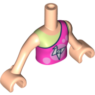 Visuel indicatif Rebrickable de Torse de mini-poupée Fille avec le dessus rose foncé, garniture bleu foncé, motif imprimé chemise vert jaunâtre, bras et mains de nougat clair (Minidoll Torso Girl with Dark Pink Top, Dark Blue Trim, Yellowish Green Shirt Print, Light Nougat Arms And Hands)