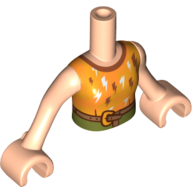 Torse de mini-poupée Fille avec le dessus lumineux d'orange, la foudre blanche/noire, la garniture orange foncée, la ceinture brune, le motif imprimé de pantalon olive, les bras et les mains nougat clair (Minidoll Torso Girl with Bright Orange Top, White/Black Lightning, Dark Orange Trim, Brown Belt, Olive Pants Print, Light Nougat Arms And Hands)
