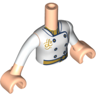 Visuel indicatif Rebrickable de Torse de mini-poupée avec costume de chef de fille, motif imprimé de boutons d'or, mains de nougat clair (Minidoll Torso with Girl Chef Suit, Gold Buttons Print, Light Nougat Hands)