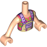 Visuel indicatif Rebrickable de Mini-poupée torse fille avec beige global, poches lavande, sangles, motif imprimé de chemise corail / vert citron, bras et mains nougat clair (Minidoll Torso Girl with Tan Overall, Lavender Pockets, Straps, Coral/Lime Shirt Print, Light Nougat Arms And Hands)