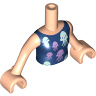 Visuel indicatif Rebrickable de Fille de torse de mini-poupée avec la chemise bleue foncée avec le modèle imprimé de poissons de gelée d'vert d’eau de lavande/lumière, bras et mains nougat clair (Minidoll Torso Girl with Dark Blue Shirt with Lavender/Light Aqua Jelly Fishes Print, Light Nougat Arms And Hands)