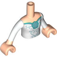 Torse de mini-poupée Fille avec robe blanche, garniture turquoise foncée, motif imprimé coque, bras et mains nougat clair (Minidoll Torso Girl with White Dress, Dark Turquoise Trim, Shell Print, Light Nougat Arms and Hands)