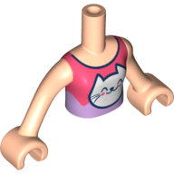 Torse de mini-poupée Fille avec le dessus de corail/lavande, modèle imprimé blanc de chat, bras et mains nougat clair (Minidoll Torso Girl with Coral/Lavender Top, White Cat Print, Light Nougat Arms and Hands)