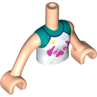 Visuel indicatif Rebrickable de Torse de mini-poupée fille avec haut blanc avec carlin magenta, motif : chemise turquoise foncé, bras et mains nougat clair (Minidoll Torso Girl with White Top with Magenta Pug, Dark Turquoise Shirt Print, Light Nougat Arms and Hands)