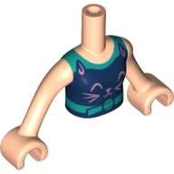 Fille de torse de mini-poupée avec le dessus turquoise foncé avec le modèle imprimé de chat bleu foncé, bras et mains nougat clair (Minidoll Torso Girl with Dark Turquoise Top with Dark Blue Cat Print, Light Nougat Arms and Hands)