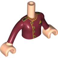 Visuel indicatif Rebrickable de Mini-poupée torse fille avec uniforme rouge foncé, or garniture motif imprimé, bras et mains nougat clair (Minidoll Torso Girl with Dark Red Uniform, Gold Trim Print, Light Nougat Arms and Hands)