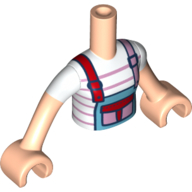 Visuel indicatif Rebrickable de Torse de mini-poupée Fille avec chemise blanche, rayures roses, Azur moyen dans l'ensemble, poche et sangles rouges/roses, bras et mains nougat clair (Minidoll Torso Girl with White Shirt, Pink Stripes, Medium Azure Overall, Red/Pink Pocket and Straps, Light Nougat Arms and Hands)