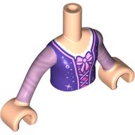 Visuel indicatif Rebrickable de Torse de mini-poupée Fille avec le dessus violet foncé, garniture rose vif, arc, motif imprimé de chemise blanche, bras et mains nougat clair (Minidoll Torso Girl with Dark Purple Top, Bright Pink Trim, Bow, White Shirt Print, Light Nougat Arms and Hands)