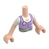 Visuel indicatif Rebrickable de Torse de mini-poupée Fille avec dessus de lavande, insigne blanc, chemise blanche avec forme de cœur, motif imprimé ceinture vert jaunâtre, bras et mains nougat clair (Minidoll Torso Girl with Lavender Top, White Badge, White Shirt with Heart Shape, Yellowish Green Belt Print, Light Nougat Arms and Hands)