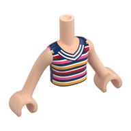 Mini-poupée torse fille avec bleu foncé/clair orange clair/rouge foncé/corail/blanc rayé chemise motif imprimé, bras et mains nougat clair (Minidoll Torso Girl with Dark Blue/Bright Light Orange/Dark Red/Coral/White Stripes Shirt Print, Light Nougat Arms and Hands)