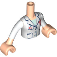 Visuel indicatif Rebrickable de Torse de mini-poupée Fille avec le manteau blanc de laboratoire, garniture bleue foncée, boutons, poches, logo de cœur, badge d'identification, bras et mains nougat clair (Minidoll Torso Girl with White Lab Coat, Dark Blue Trim, Buttons, Pockets, Heart Logo, ID Badge, Light Nougat Arms And Hands)