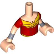 Visuel indicatif Rebrickable de Torse de mini-poupée Fille avec le dessus rouge avec le logo de femme de merveille d'or, manches courtes rouges, motif imprimé de bracelets argentés, bras et mains nougat clair (Minidoll Torso Girl with Red Top with Gold Wonder Woman Logo, Red Short Sleeves, Silver Bracelets Print, Light Nougat Arms and Hands)