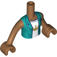 Visuel indicatif Rebrickable de Torse de mini-poupée Fille avec gilet turquoise foncé, chemise blanche avec motif imprimé Couronne d'or, bras et mains nougat moyen (Minidoll Torso Girl with Dark Turquoise Vest, White Shirt with Gold Crown Print, Medium Nougat Arms and Hands)