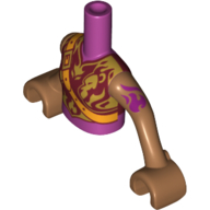 Visuel indicatif Rebrickable de Torse de mini-poupée Fille avec le dessus blindé avec le rouge foncé et l'or garniture, icône de feu, motif imprimé de tatouage magenta, bras et mains nougat moyen (Minidoll Torso Girl with Armored Top with Dark Red and Gold Trim, Fire Icon, Magenta Tattoo Print, Medium Nougat Arms and Hands)