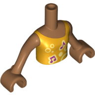 Visuel indicatif Rebrickable de Mini-poupée torse fille avec haut gilet orange clair lumineux avec des notes de musique et des cercles motif imprimé, bras et mains nougat moyen (Minidoll Torso Girl with Bright Light Orange Vest Top with Music Notes and Circles Print, Medium Nougat Arms and Hands)