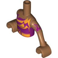 Visuel indicatif Rebrickable de Mini-poupée torse fille avec des rayures orange clair vif, ceinture et boucle de flamme motif imprimé, bras et mains nougat moyen (Minidoll Torso Girl with Bright Light Orange Stripes, Belt and Flame Buckle Print, Medium Nougat Arms and Hands)
