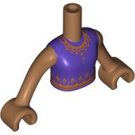 Visuel indicatif Rebrickable de Torse de mini-poupée Fille avec chemise violet foncé, or décorations motif imprimé, bras et mains nougat moyen (Minidoll Torso Girl with Dark Purple Shirt, Gold Decorations Print, Medium Nougat Arms and Hands)